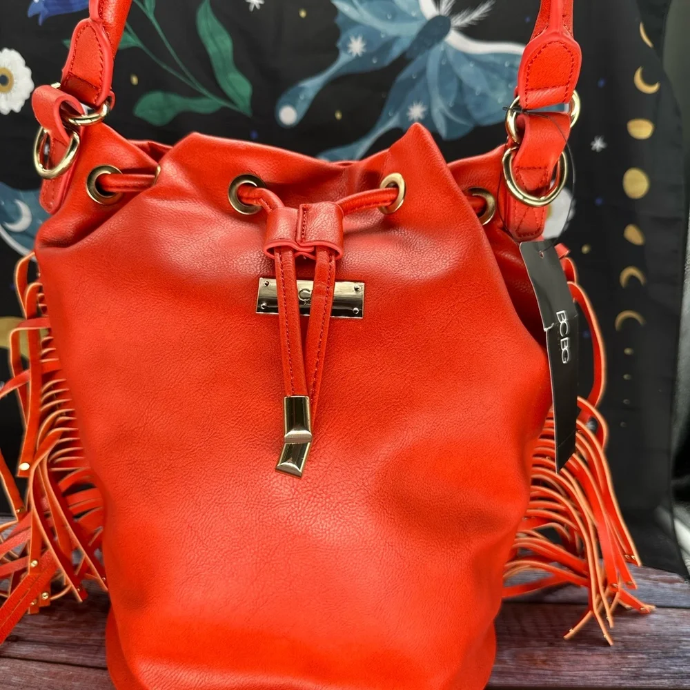 BCBG | Fringe Drawstring Bucket Bag Red NWT